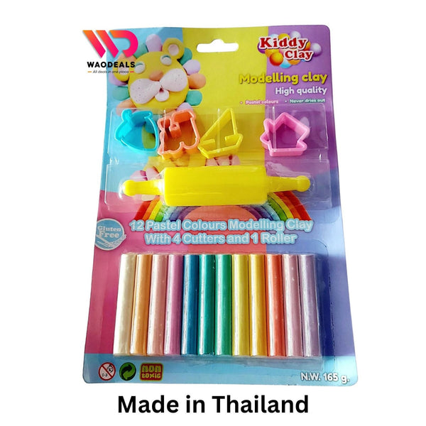 🎨 Kiddy Clay 12 Pastel Colors Modeling Clay with 4 Molds & 1 Roller | Never Dries Out | Made in Thailand 🧒✨ waodeals