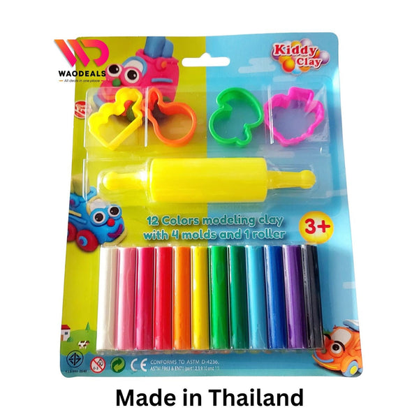 🎨 Kiddy Clay 12 Brighr Colors Modeling Clay with 4 Molds & 1 Roller | Never Dries Out | Made in Thailand 🧒✨ waodeals