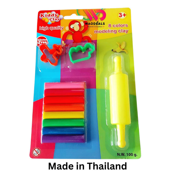 🎨 Kiddy Clay 8 Bright Colors Modeling Clay with 2 Molds & 1 Roller | Never Dries Out | Made in Thailand 🧒✨ waodeals