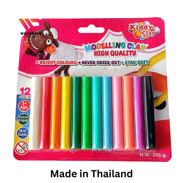 🧒🎨 Kiddy Clay 12 Bright Colors Modelling Clay 200g Pack, Never Dries Out | High Quality Soft Play Dough for Kids Made in Thailand 🌈✨ waodeals