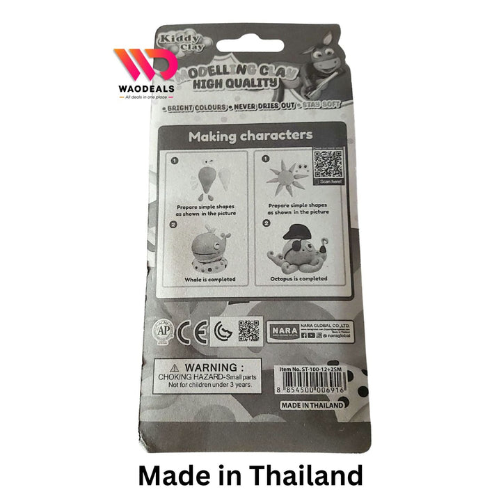 🧒🎨 NARA Kiddy Clay 12 Bright Colors High Quality Modelling Clay 100g Pack with 2 Molds Never Dries Out, Soft Play Dough for Kids Made in Thailand ✨🌈 waodeals