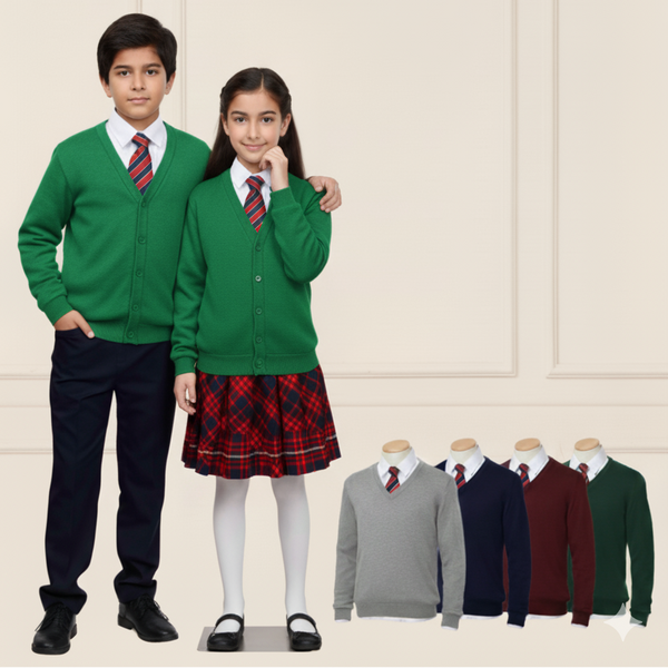 Two children in green sweaters with matching outfits, standing against a beige wall with a row of sweaters below.