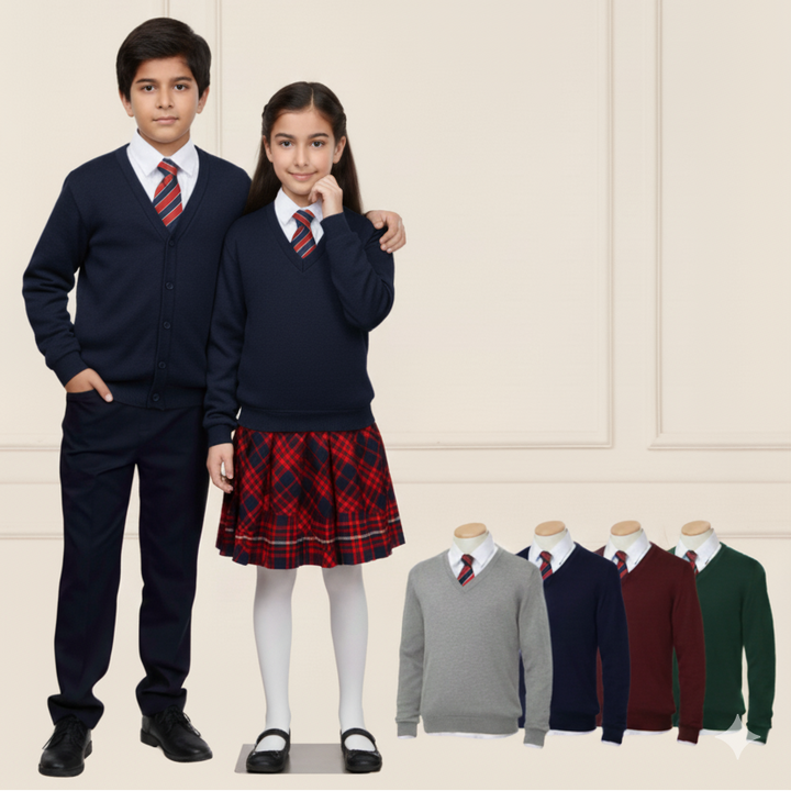 Two children in school uniforms standing next to a display of similar outfits on mannequins.