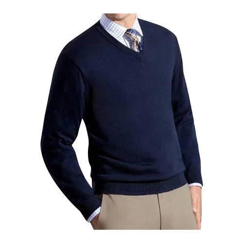 Navy sweater worn by a person on a white background