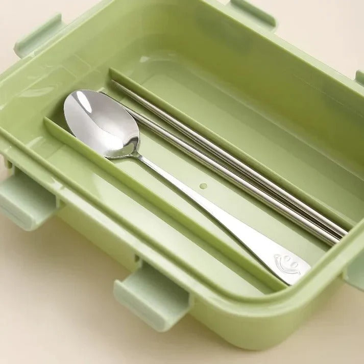 🍱 SmartMeal 3 Compartment Stainless Steel Bento Lunch Box | Leakproof Airtight Food Container with Bowl, Spoon & Chopsticks✨ waodeals