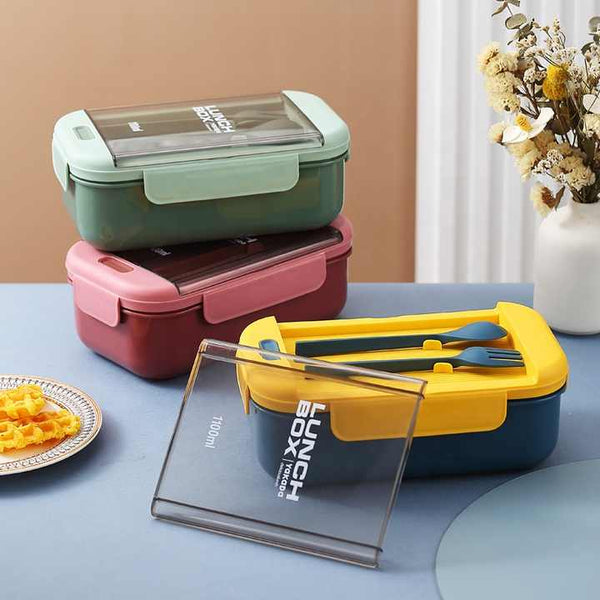 Gourmet Two Compartments Bento Lunch Box with Fork & Spoon: Portable, Microwavable, Airtight Food Storage Container for Kids' School or Office - Keep Your Lunch Warm in Style