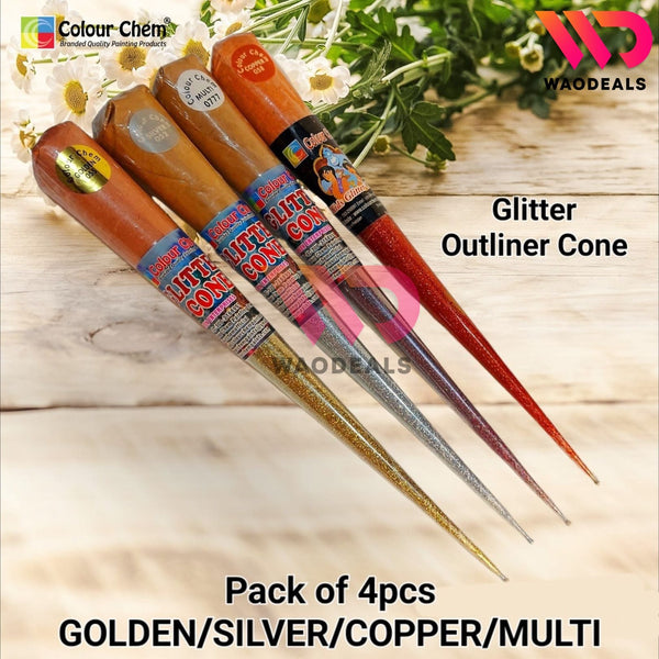Pack of 4-Pcs Colour Chem Sparkle Glitter Fabric Cone Outliner _ Silver, Golden, Copper, Multicolour WaoDeals