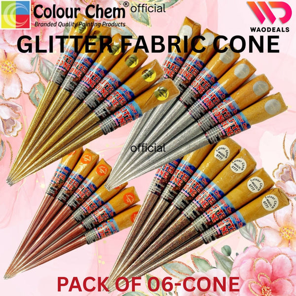 Colour Chem Pack of 06-Pcs Glitter Fabric Cone Outliner Sparkle Glitter Fabric Cone for Silk, Organza Fabric & Multiple Surfaces WaoDeals