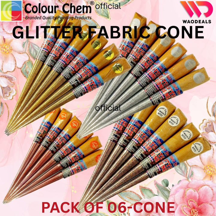 Colour Chem Pack of 06-Pcs Glitter Fabric Cone Outliner Sparkle Glitter Fabric Cone for Silk, Organza Fabric & Multiple Surfaces WaoDeals