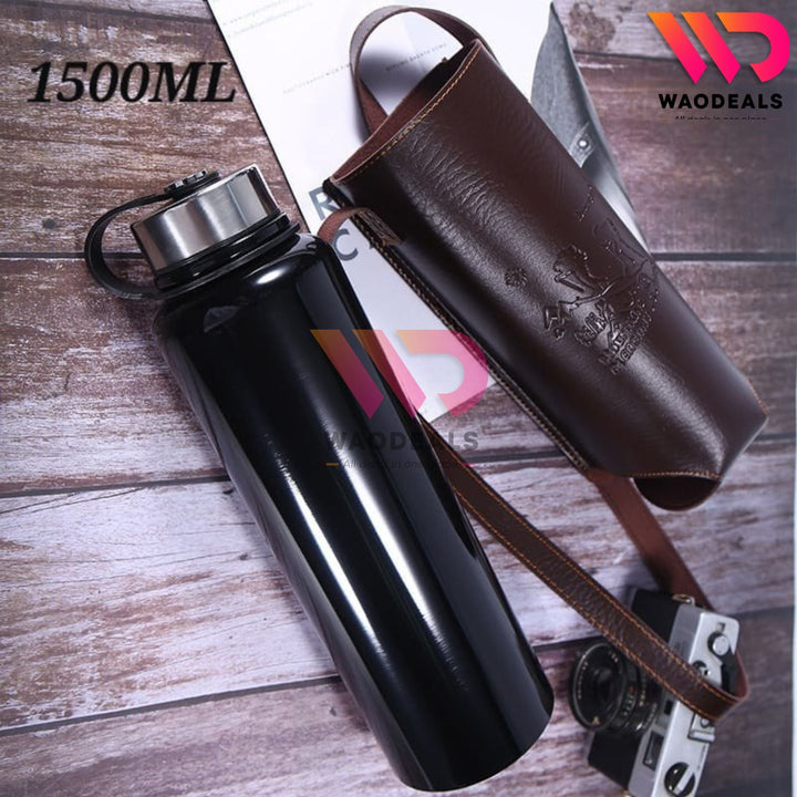 1500ml Stainless Steel Thermos Flask – Hot & Cold Vacuum Bottle with Leather Cover for Outdoor, Travel & Camping 🥤🌄🔥❄️ waodeals