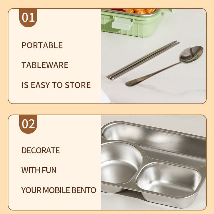 🍱 SmartMeal 3 Compartment Stainless Steel Bento Lunch Box | Leakproof Airtight Food Container with Bowl, Spoon & Chopsticks✨ waodeals