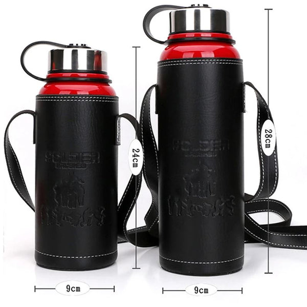 Imported 800ml / 1100ml Hot & Cold Red Thermos Flask – Stainless Steel Vacuum Bottle with Leather Bag for Travel, Gym, Office & Kids 💧🧊🔥 waodeals