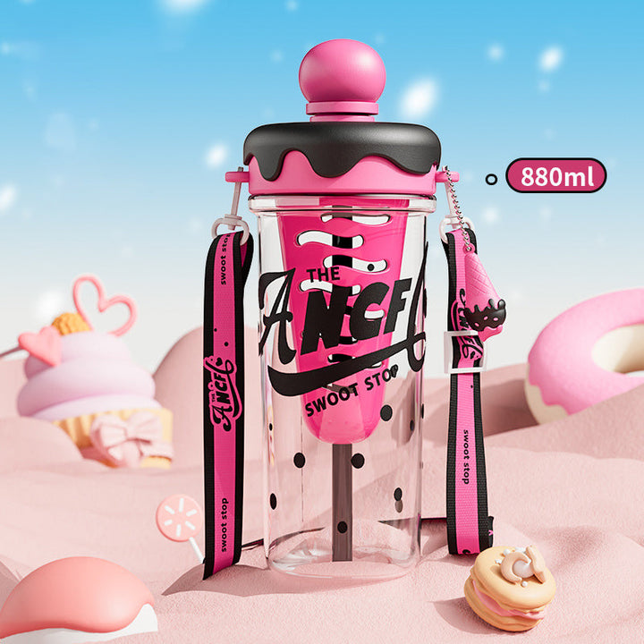 Ice Cream Cone Water Bottle 880ml Sports Sipper with Straw & Strap Portable Plastic Water Bottle with Inner Ice Cube Holder waodeals