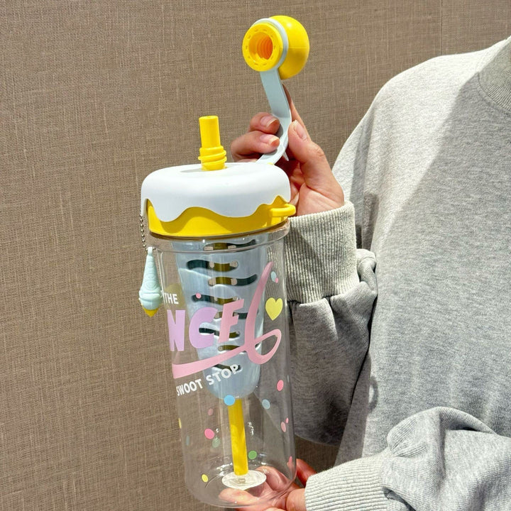 Ice Cream Cone Water Bottle 880ml Sports Sipper with Straw & Strap Portable Plastic Water Bottle with Inner Ice Cube Holder waodeals