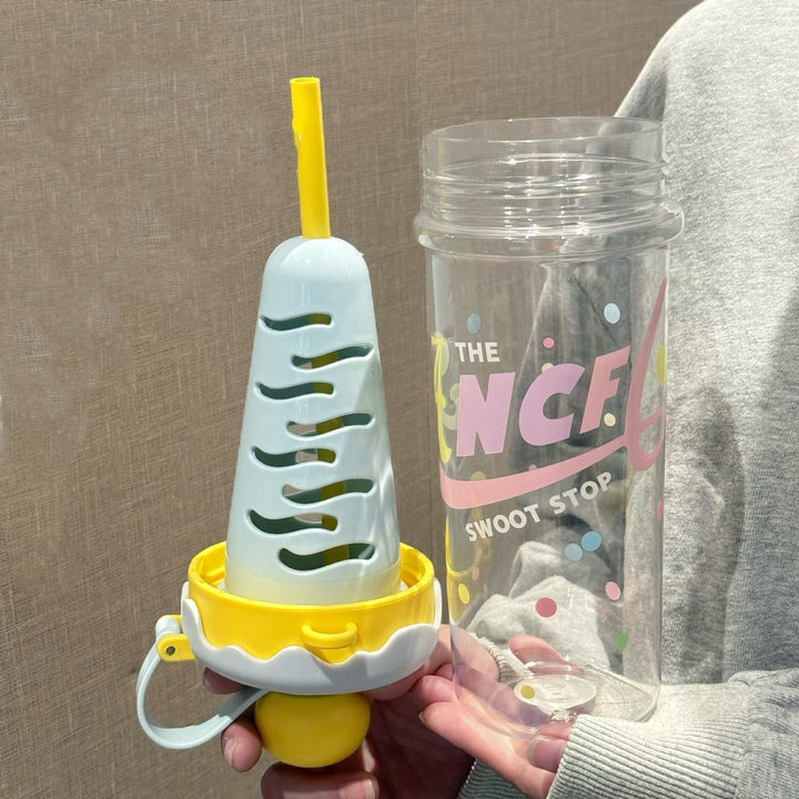 Ice Cream Cone Water Bottle 880ml Sports Sipper with Straw & Strap Portable Plastic Water Bottle with Inner Ice Cube Holder waodeals
