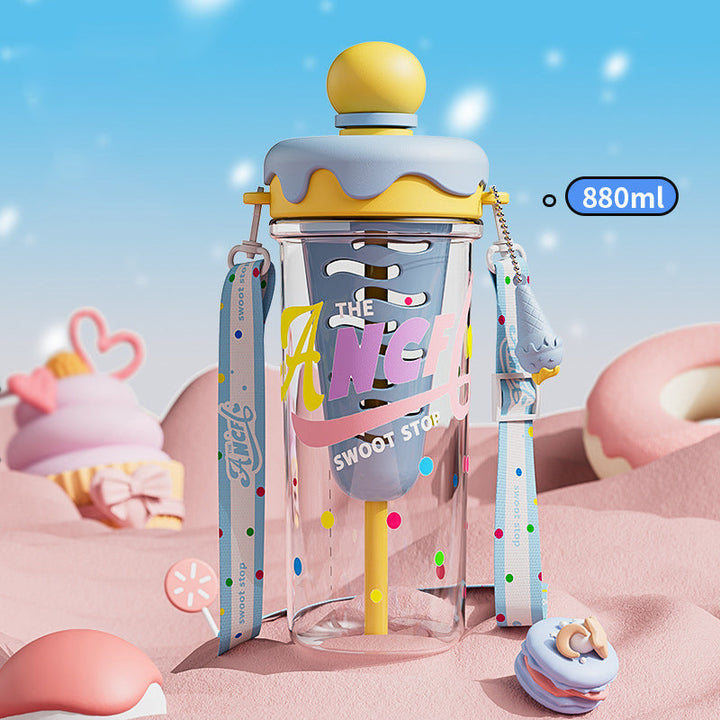 Ice Cream Cone Water Bottle 880ml Sports Sipper with Straw & Strap Portable Plastic Water Bottle with Inner Ice Cube Holder waodeals