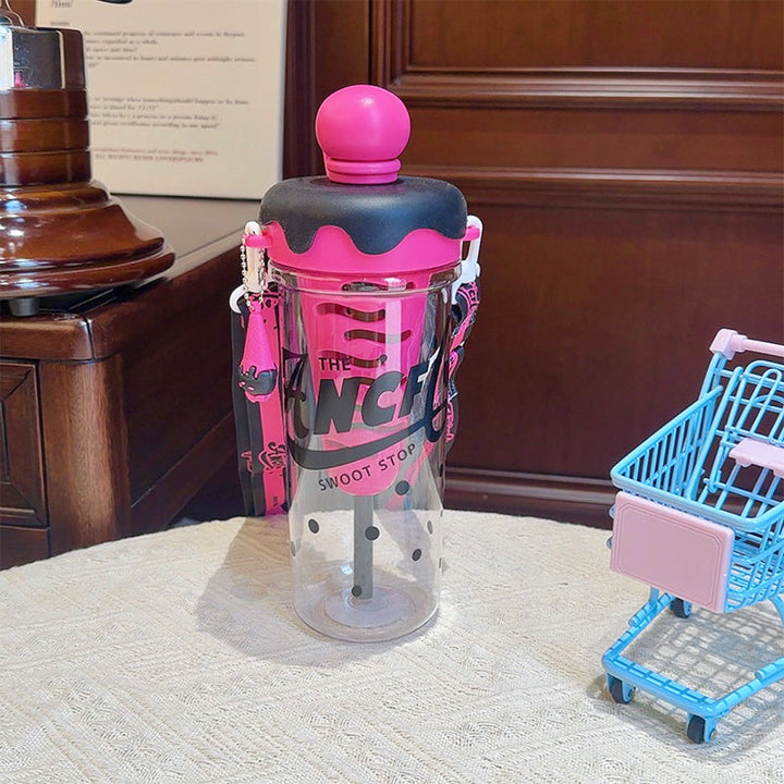 Ice Cream Cone Water Bottle 880ml Sports Sipper with Straw & Strap Portable Plastic Water Bottle with Inner Ice Cube Holder waodeals