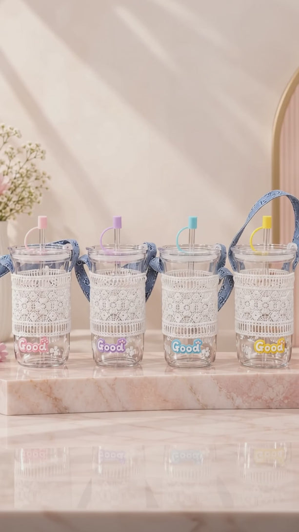 1Pcs Good Pastel Colour 450ml Glass Tumbler with Straw and Lace Sleeve-54YT