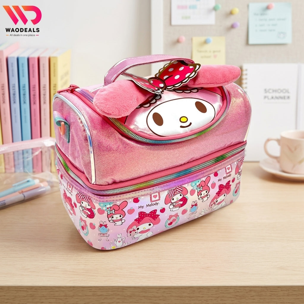Vest My Melody Double Decker Insulated Lunch Bag for Kids | 2-Compartment Thermal School Lunch Bag with Shoulder Strap & Handle