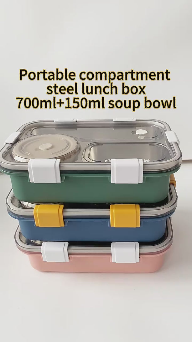 Stainless Steel 3-Compartment Bento Lunch Box with Spoon, Chopsticks & Soup Bowl