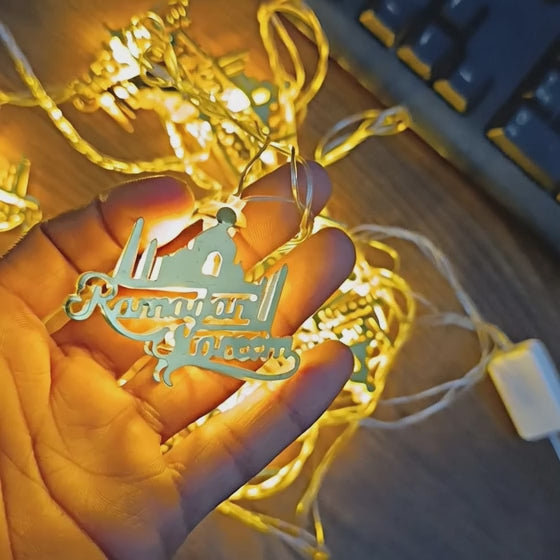 Metal Ramadan Kareem LED String Lights – Golden Crescent & Masjid Islamic Fairy Lights