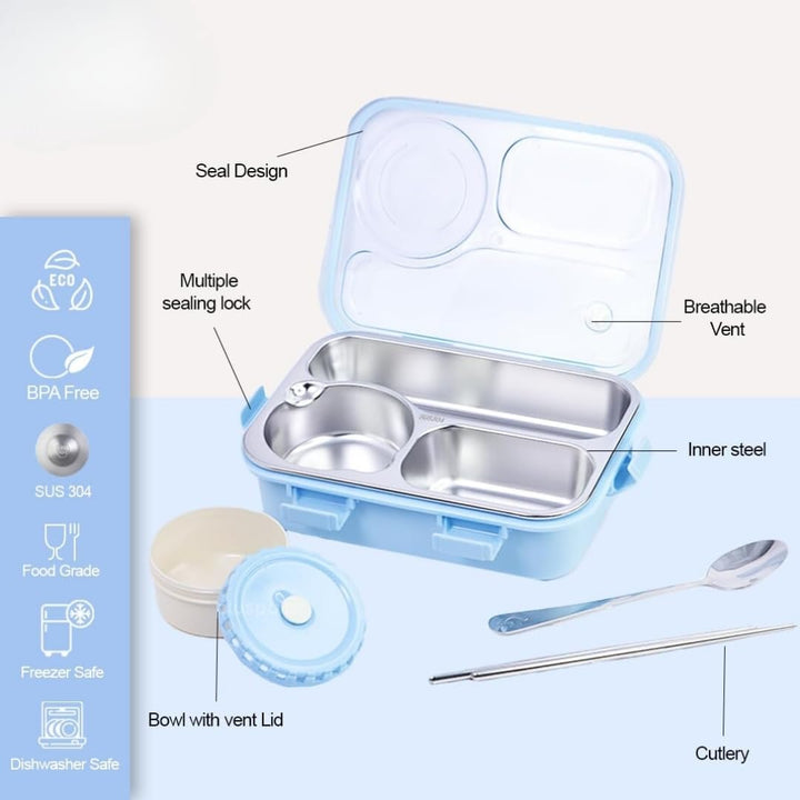 🧸Bear Family Bento Stainless Steel Lunch Box 3-Compartment Tiffin Box with Chopsticks & Spoon💙 waodeals