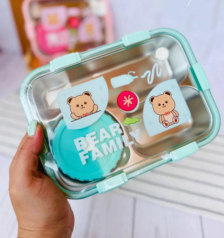 🧸Bear Family Bento Stainless Steel Lunch Box 3-Compartment Tiffin Box with Chopsticks & Spoon💙 waodeals